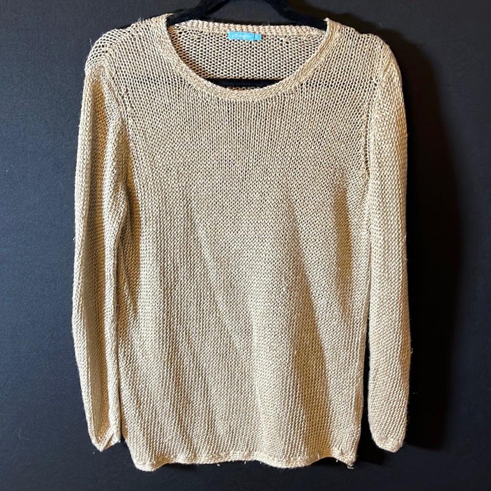 J McLaughlin Tan Long Sleeve Sheer Crew Neck Fall Warm Top Sweater- Size Medium